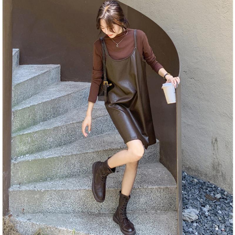 タートルトップス×PUレザーワンピースセット(2colors)