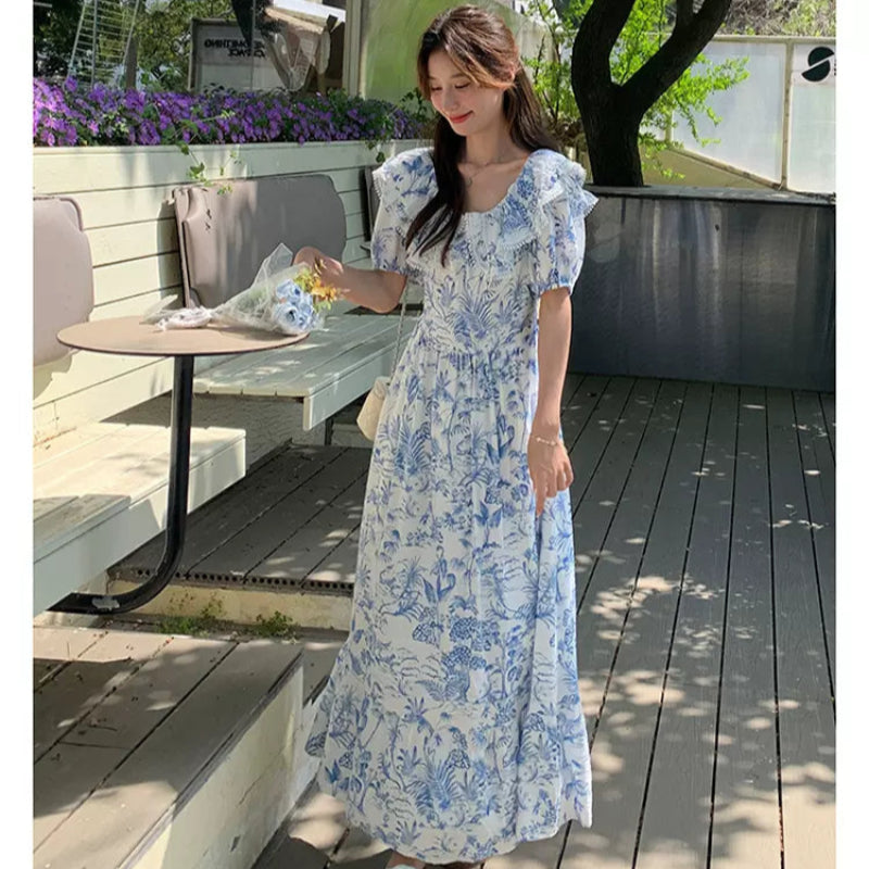 ラッフルカラーボタニカルプリントワンピ