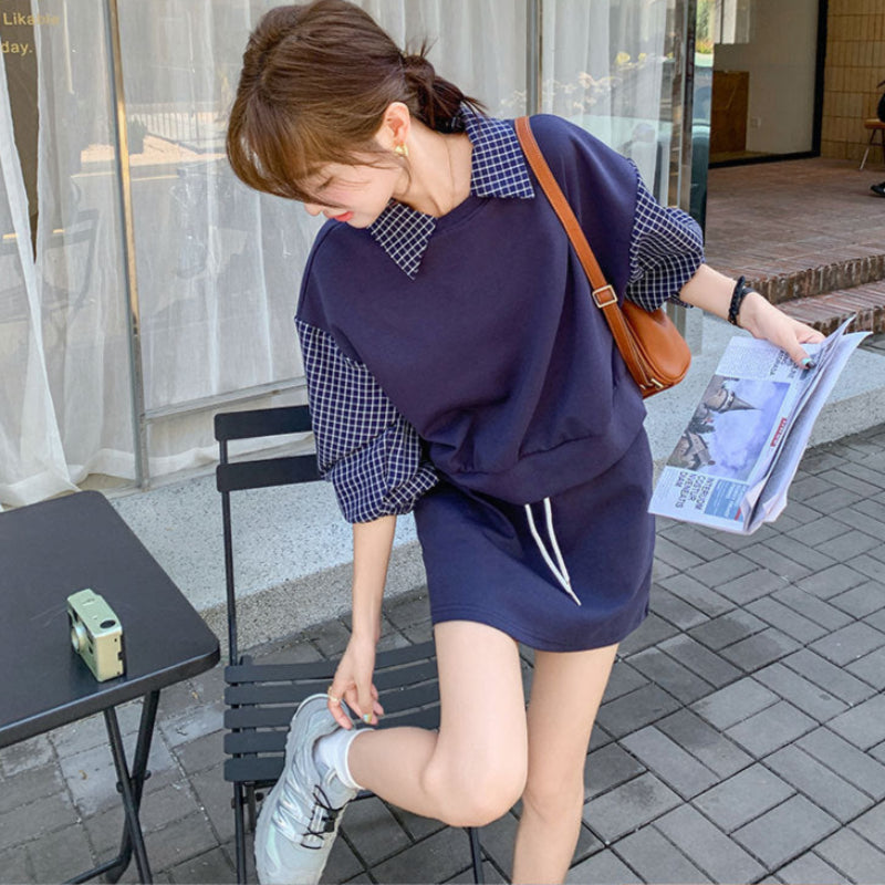 ブルーチェックレイヤードスウェットスカートセット