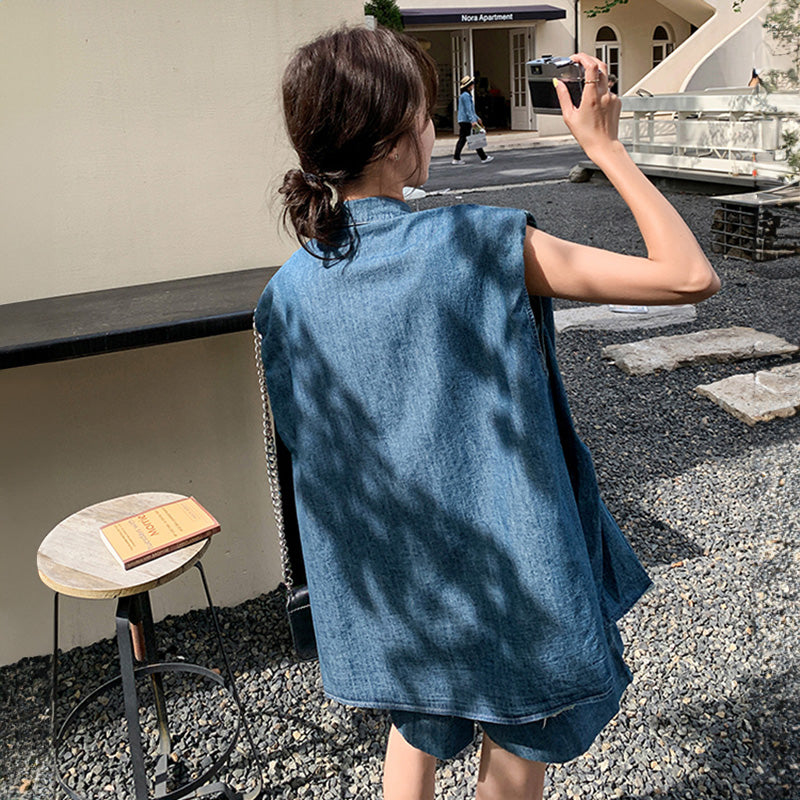 デニムノースリーブシャツ×ショートパンツセット