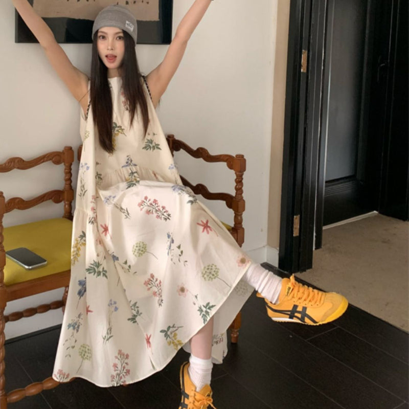 フラワープリントノースリーブワンピース