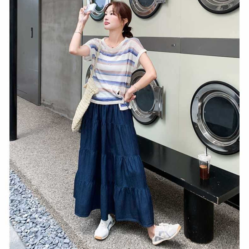 ボーダーTシャツ×デニムスカートセットアップ