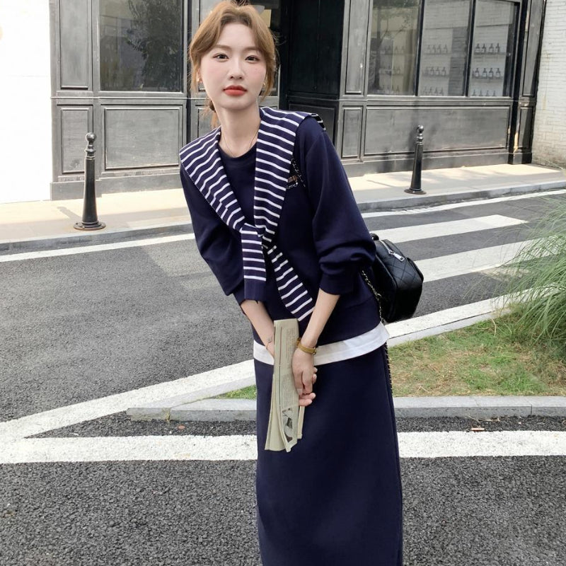 ボーダーショール付きスウェット×スカートセットアップ(2colors)