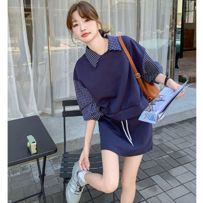 ブルーチェックレイヤードスウェットスカートセット