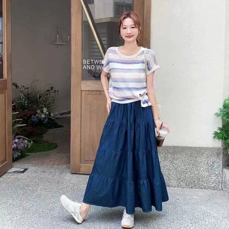 ボーダーTシャツ×デニムスカートセットアップ