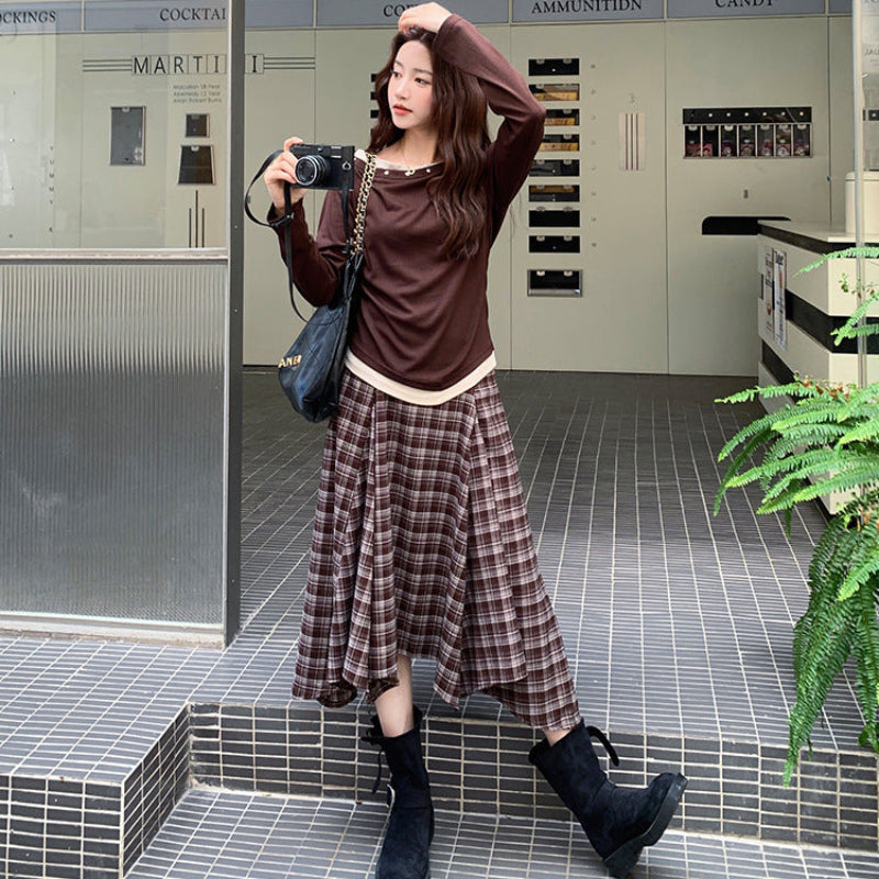 レイヤードトップス×チェックスカートセット(2colors)