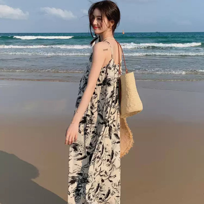 ダブルストラップボタニカルプリントワンピ