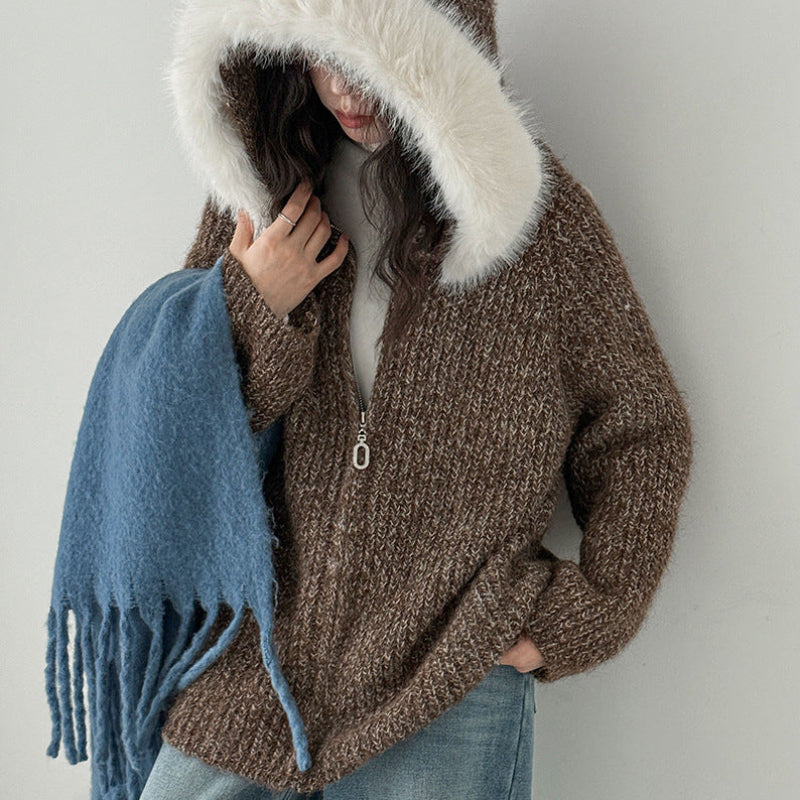 ファーフード付ニットカーディガン(2colors)