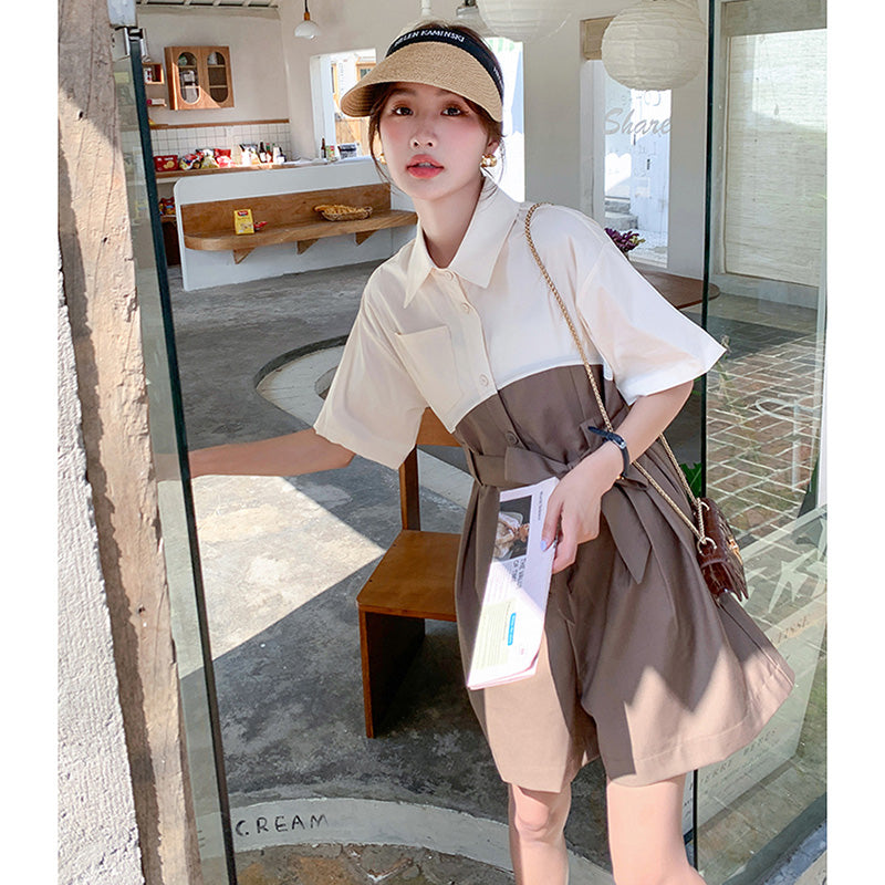 バイカラーウエストリボン ショートオールインワン