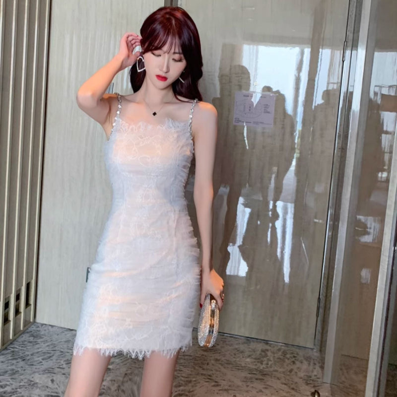 ラインストーンストラップチュールミニドレス(2colors)