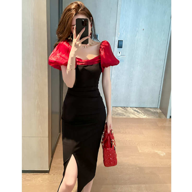 異素材バルーンスリーブバイカラーロングワンピース