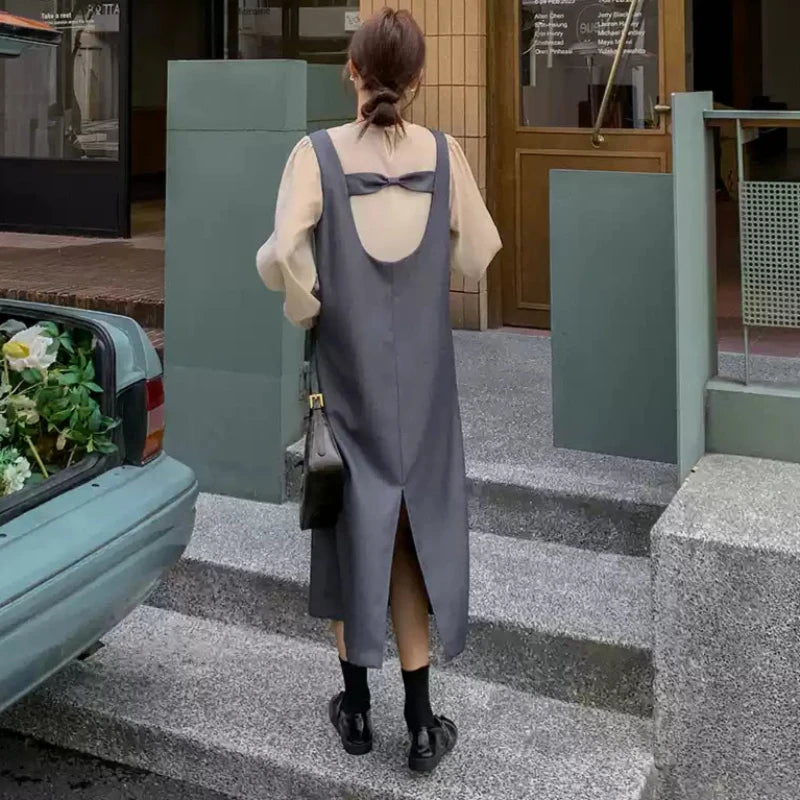 ノーカラーブラウス×バックリボンワンピースセットアップ