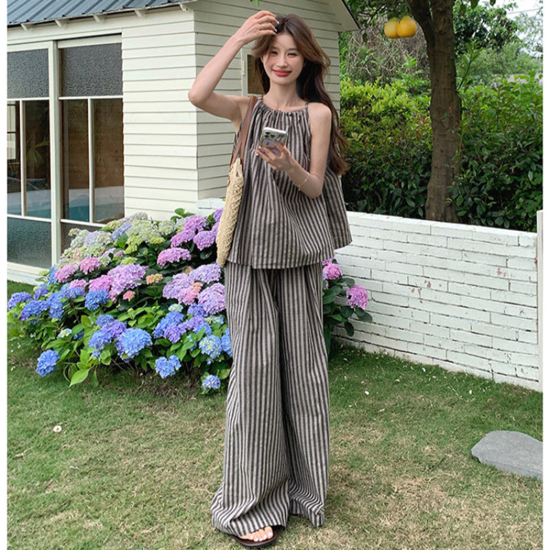 ストライプホルターネックトップス×パンツセット