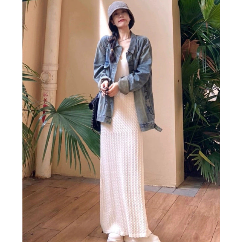 ビックシルエットデニムシャツ×ニットワンピース