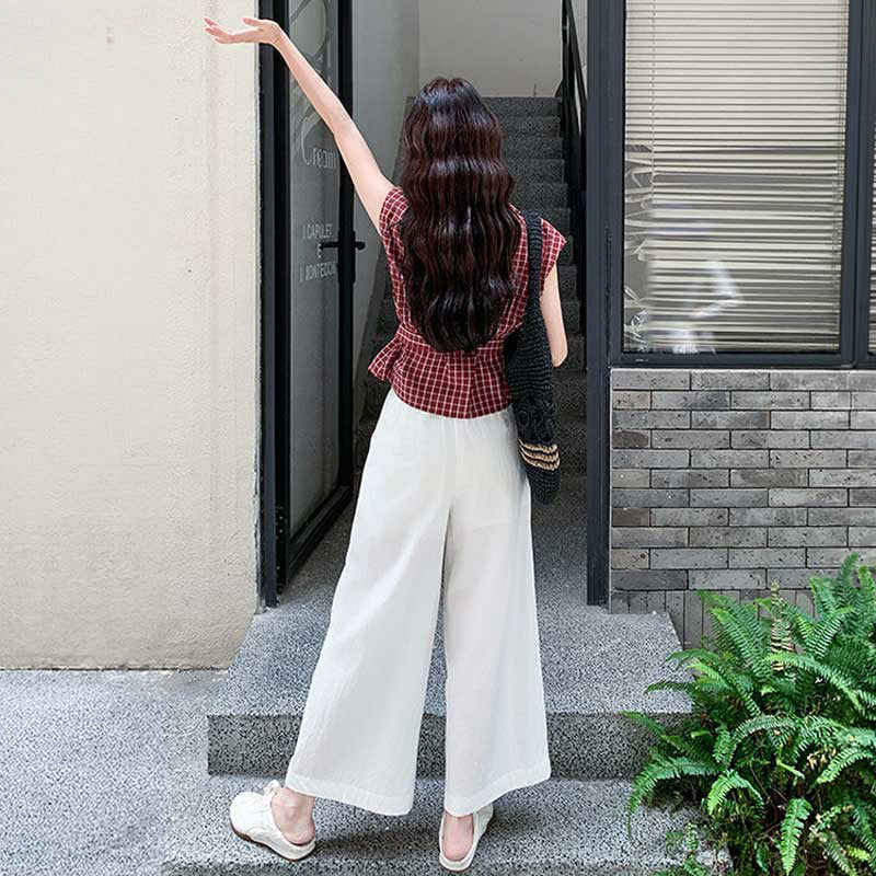 ウエストマークチェックブラウス×ワイドロングパンツ