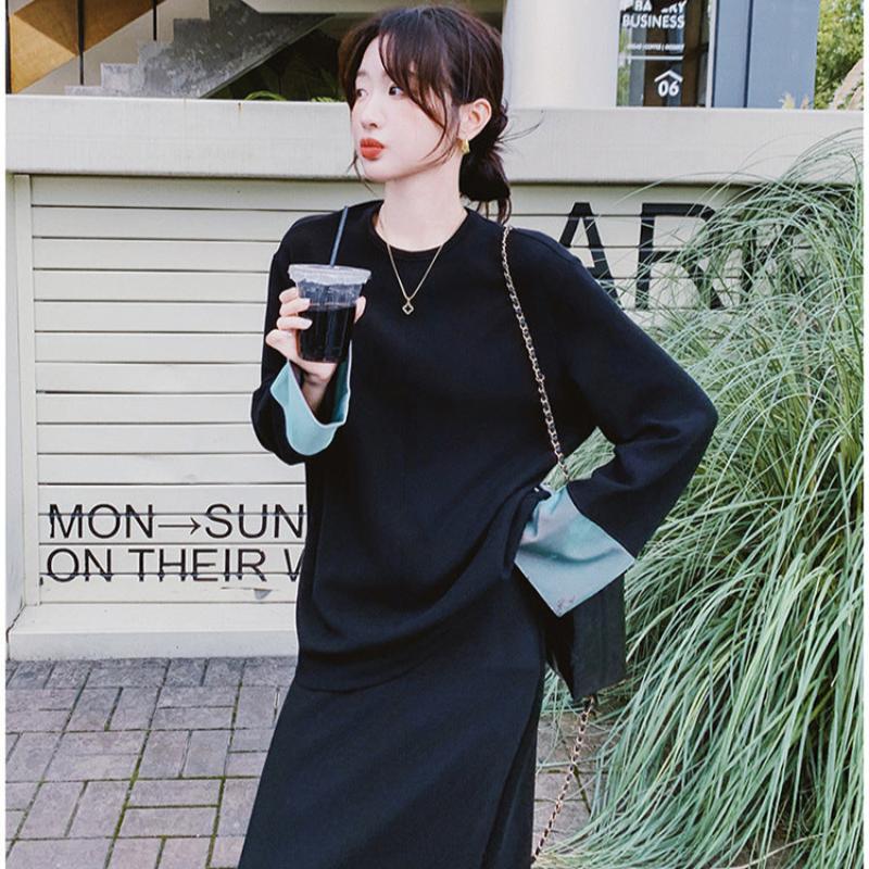 スウェットバイカラートップス×スカートセット