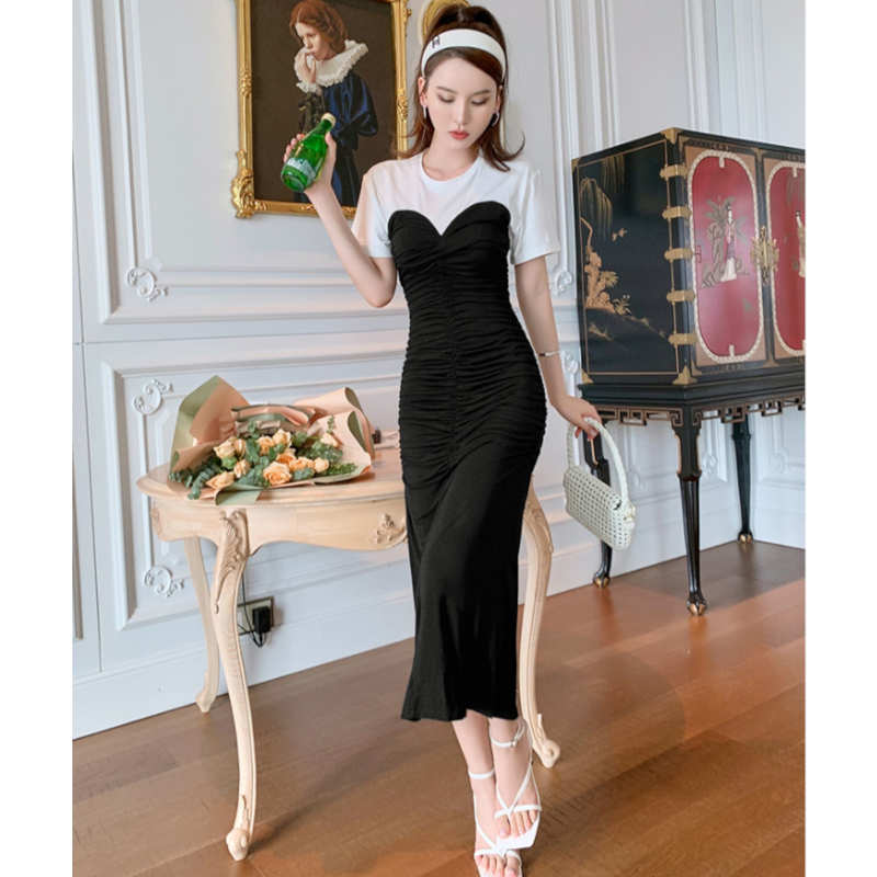 Tシャツコンビフロントギャザービスチェワンピース