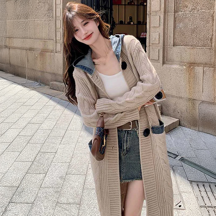 フード付きケーブルロングカーディガン