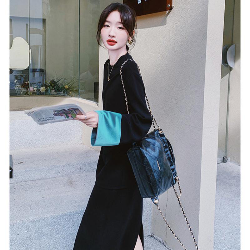 スウェットバイカラートップス×スカートセット