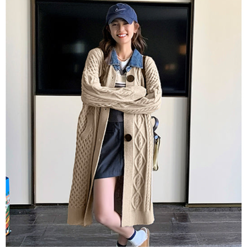 デニム襟付きルーズニットロングカーディガン