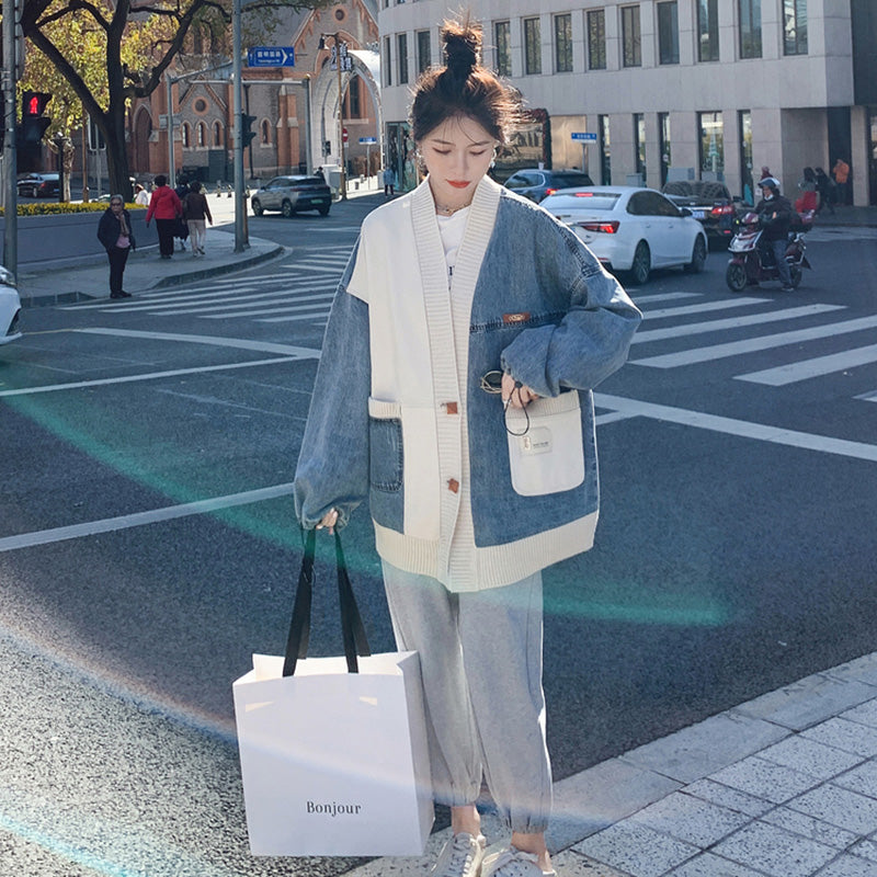 異素材MIXデザインニット×デニムジャケット