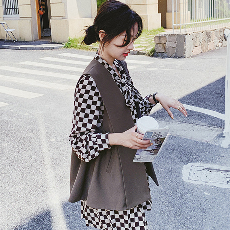 チェック柄ワンピース×ベストセット