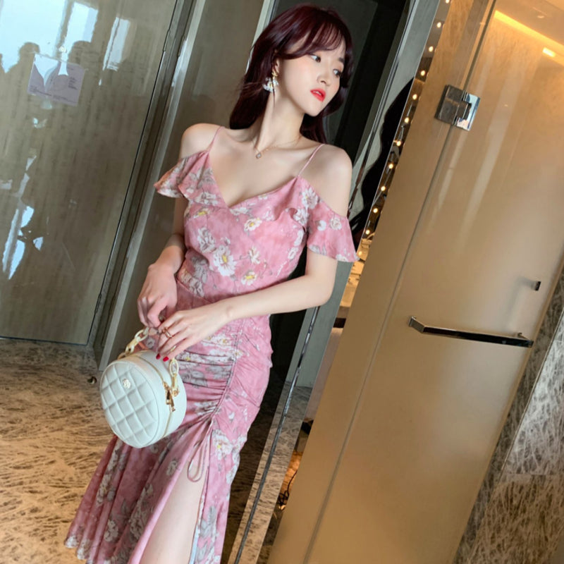 シフォンフラワープリントドレス