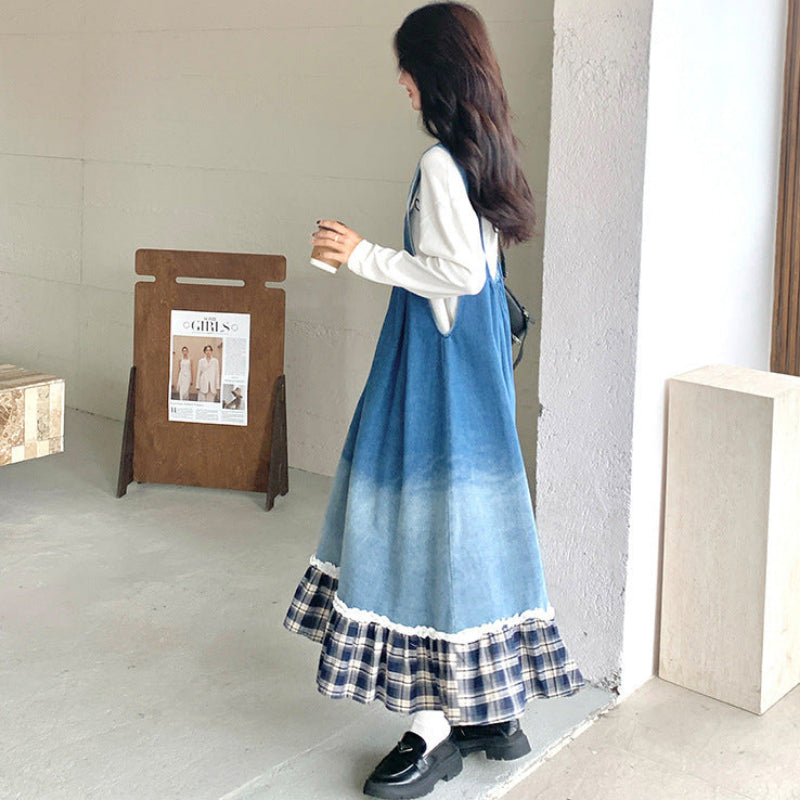 トリムチェックデニムジャンパースカート