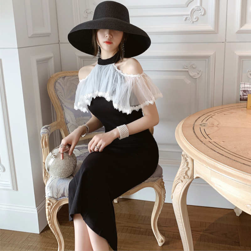 オープンショルダーシアーラッフルタイトワンピース