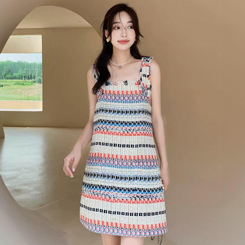 カラフルボーダーノースリーブワンピース