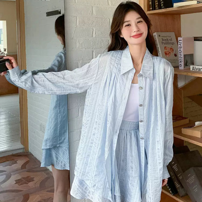 ライトブルーストライプシャツ×パンツセット