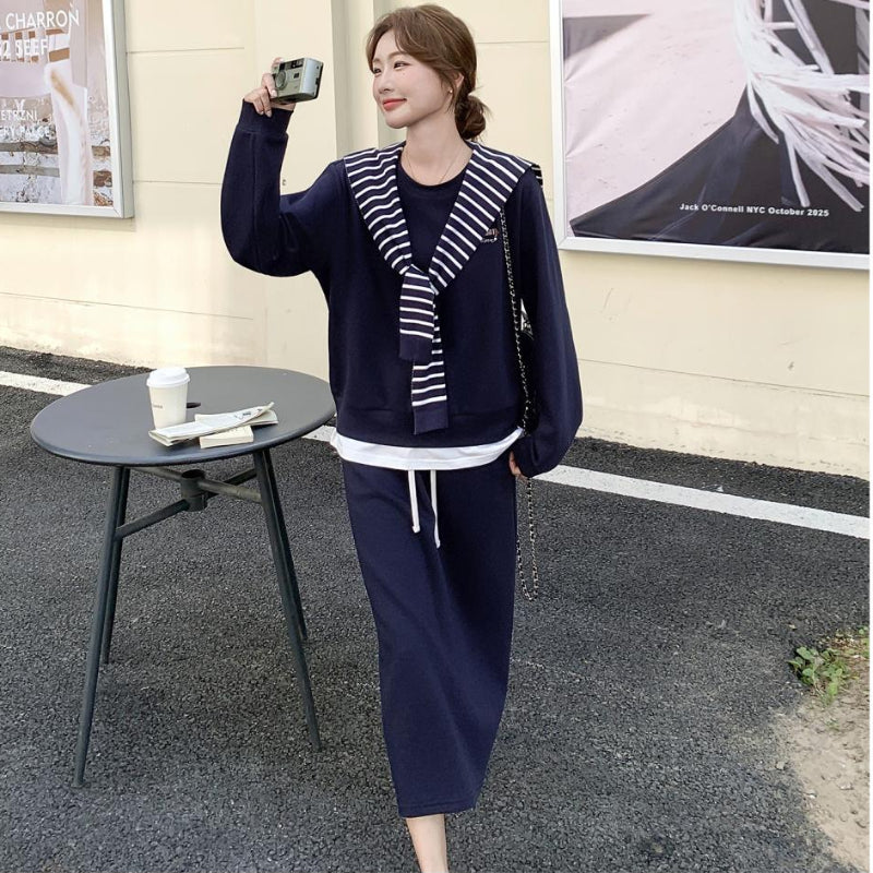 ボーダーショール付きスウェット×スカートセットアップ(2colors)