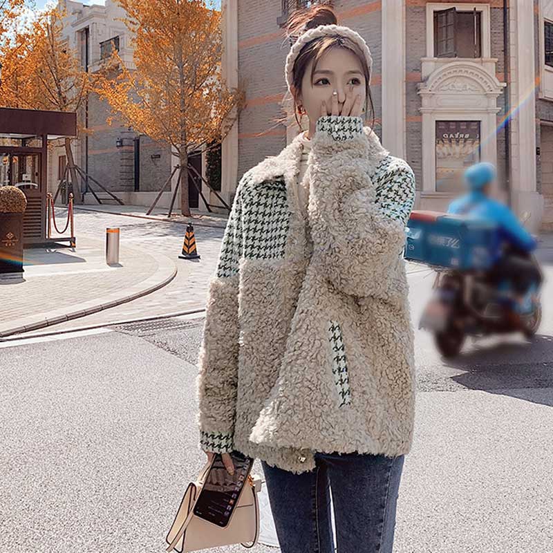 千鳥格子切り替えボアコート