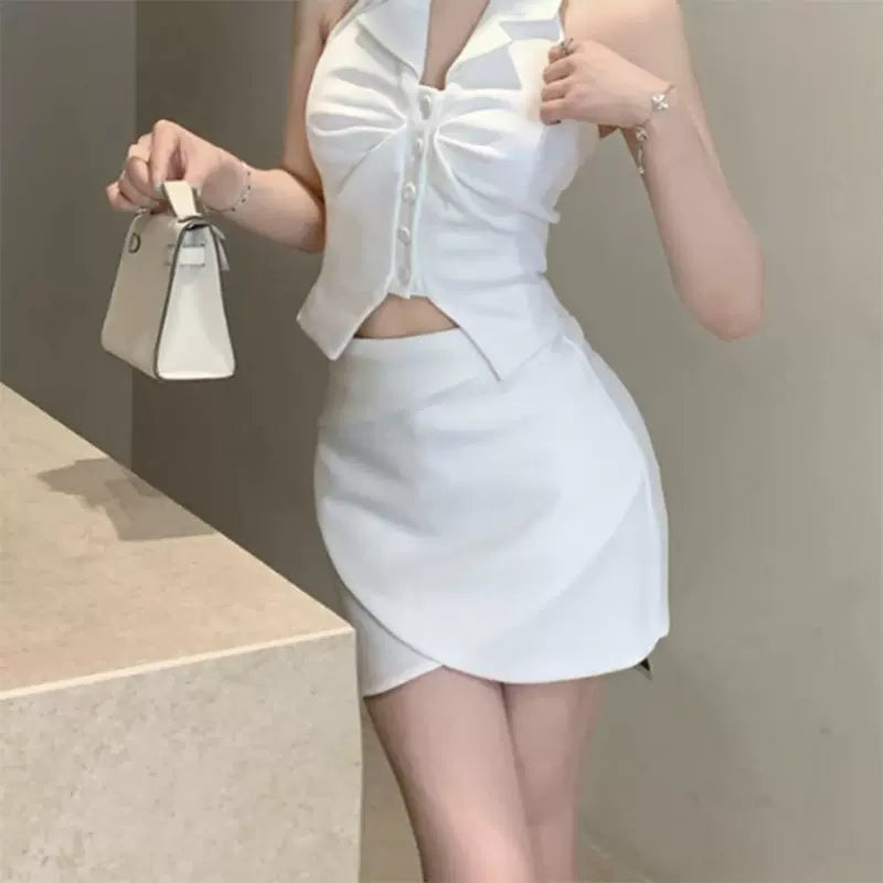 襟付ノースリーブシャツ×アシンメトリーミニスカートセット