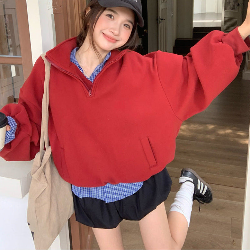 ハーフジップスウェット×チェックシャツ