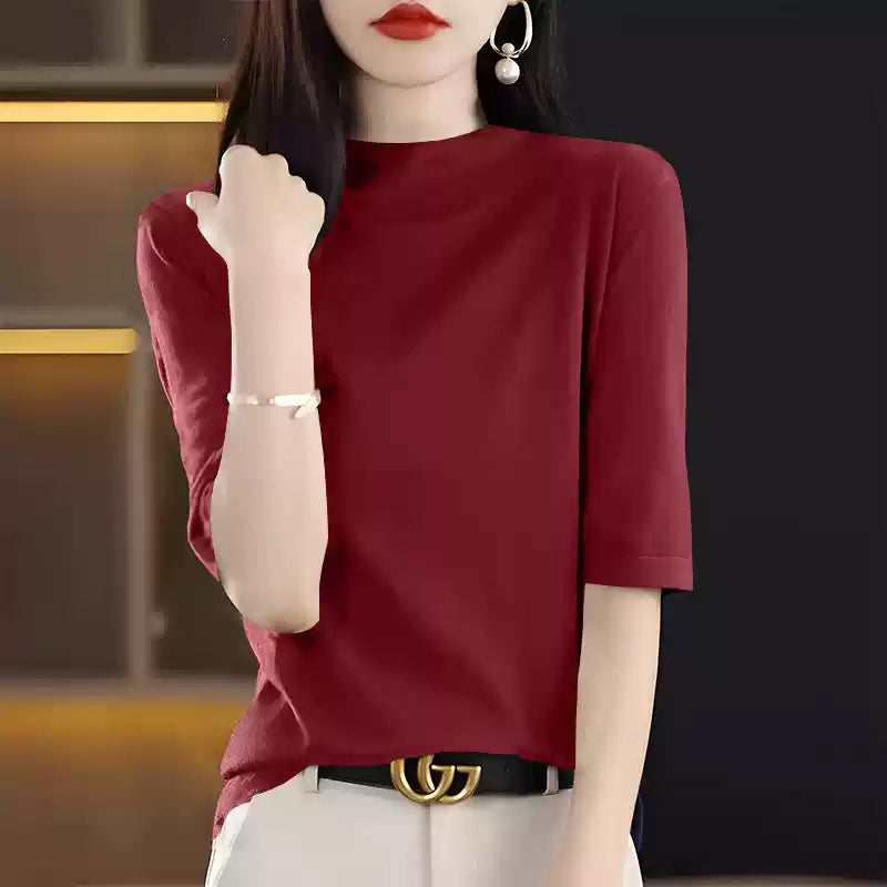 五分袖ボトルネックトップス6colors