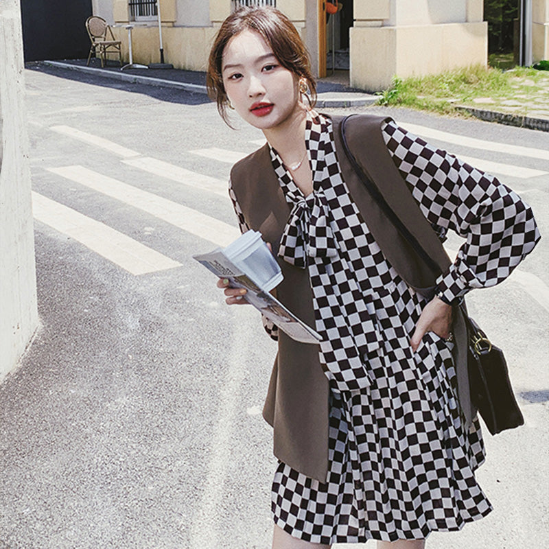 チェック柄ワンピース×ベストセット