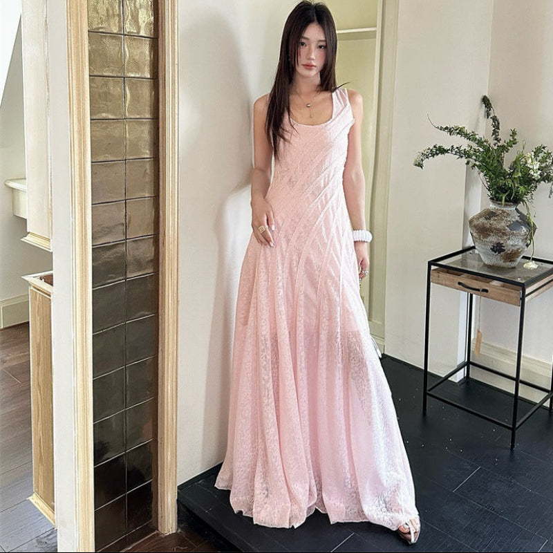 パウダーピンクレースロングワンピース