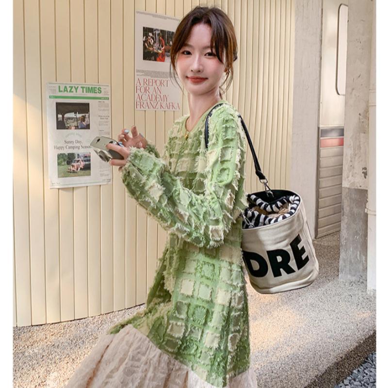 グリーンエンボスチェックワンピース