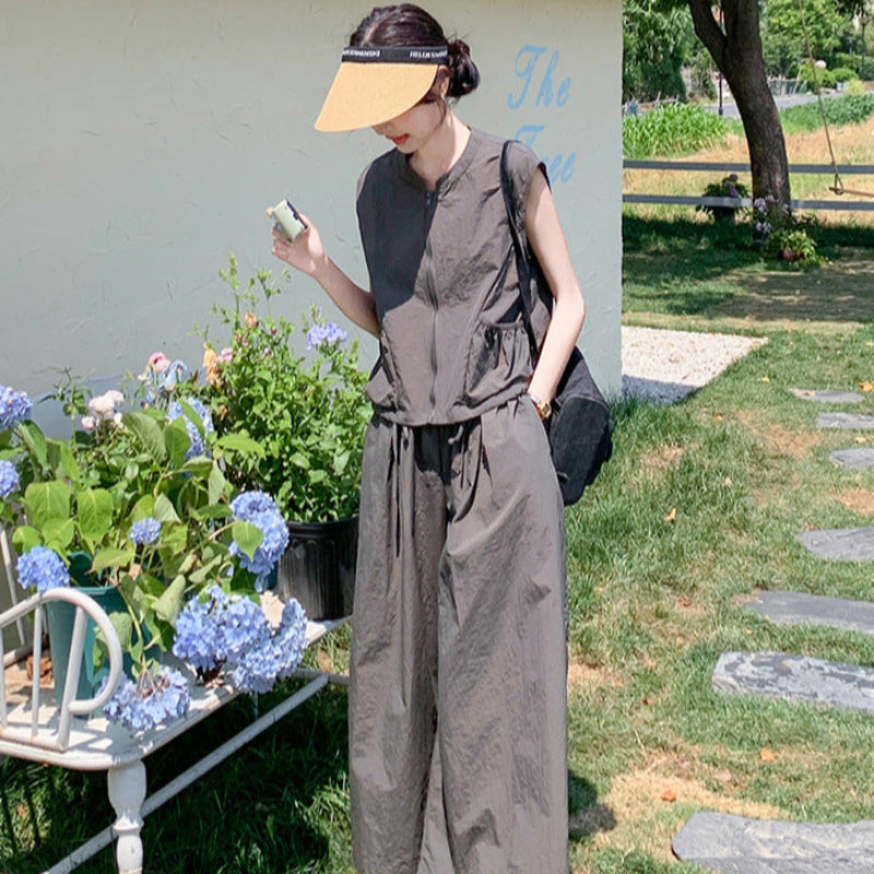 ノースリーブファスナートップス×ワイドレッグパンツセット