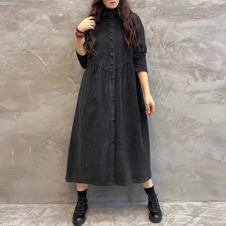 コーデュロイシャツワンピース(4colors) （黒・緑・茶・薄茶）秋/冬/春