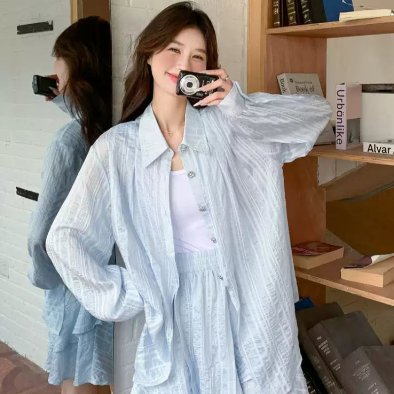 ライトブルーストライプシャツ×パンツセット