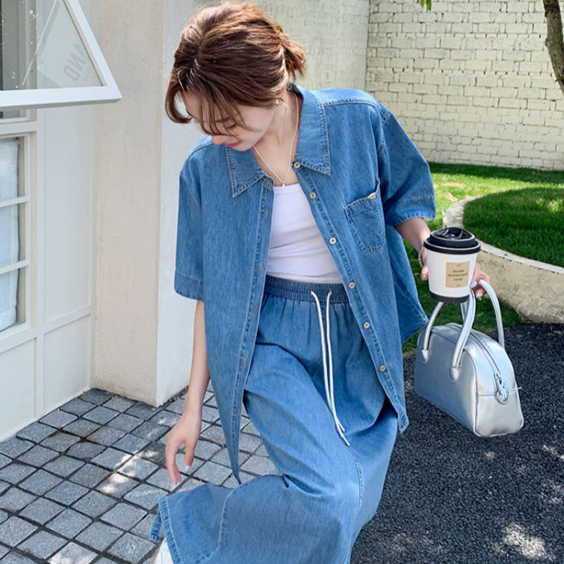 デニムシャツ×スカートセットアップ