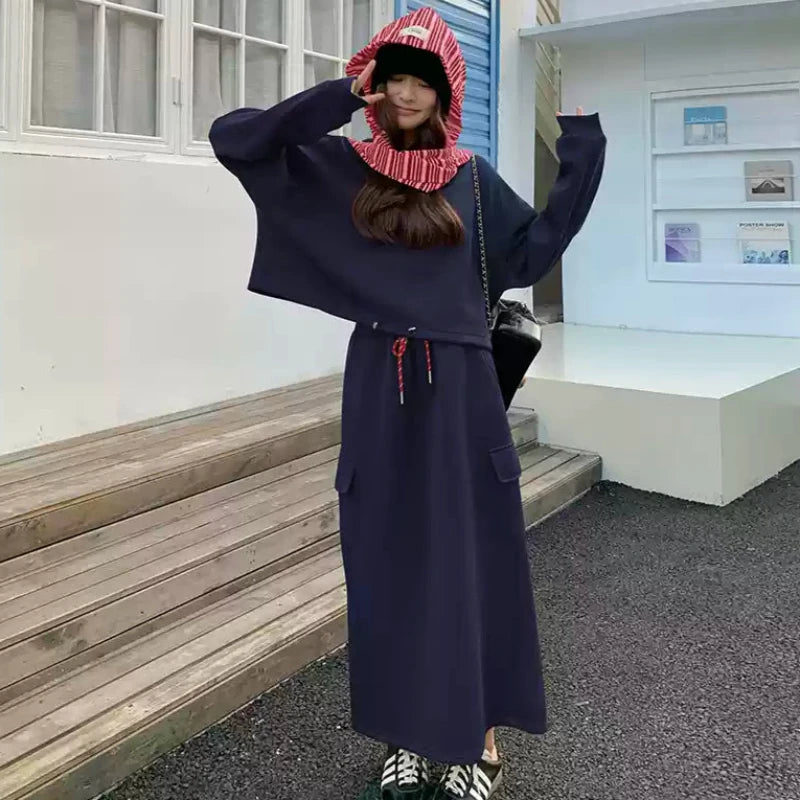 マフラーキャップ×ロゴトレーナー×スカート3点セット(2colors)