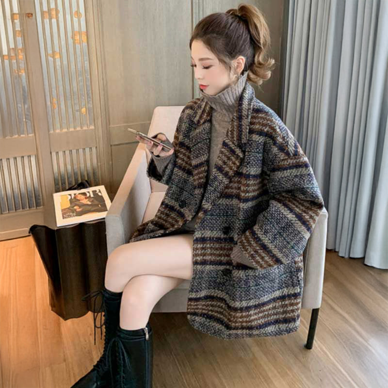 ダブルブレストチェック柄コート(2colors)