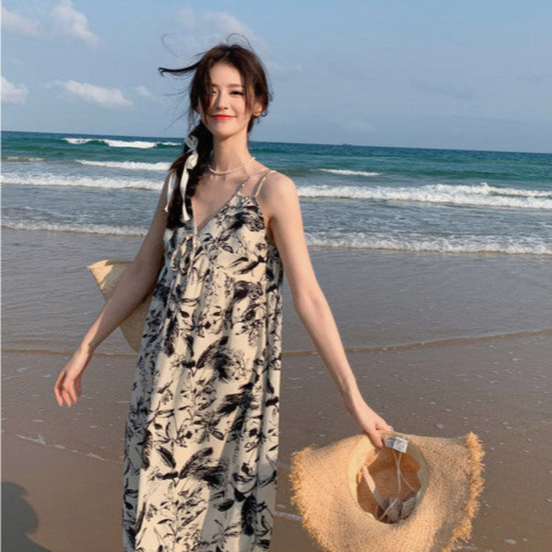 ダブルストラップボタニカルプリントワンピ