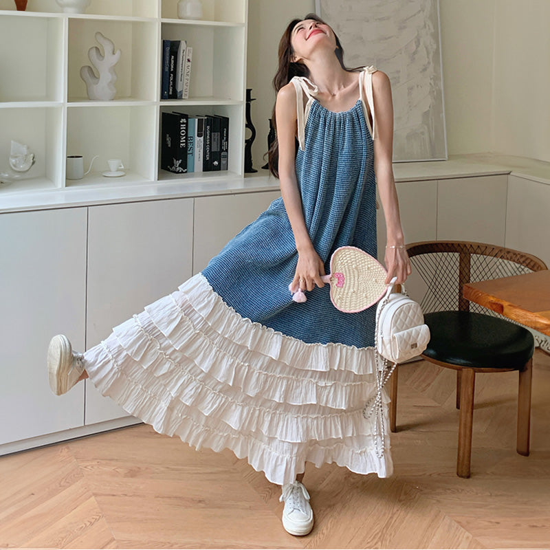 リボンキャミソール切り替えティアードワンピース