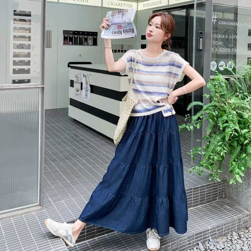 ボーダーTシャツ×デニムスカートセットアップ