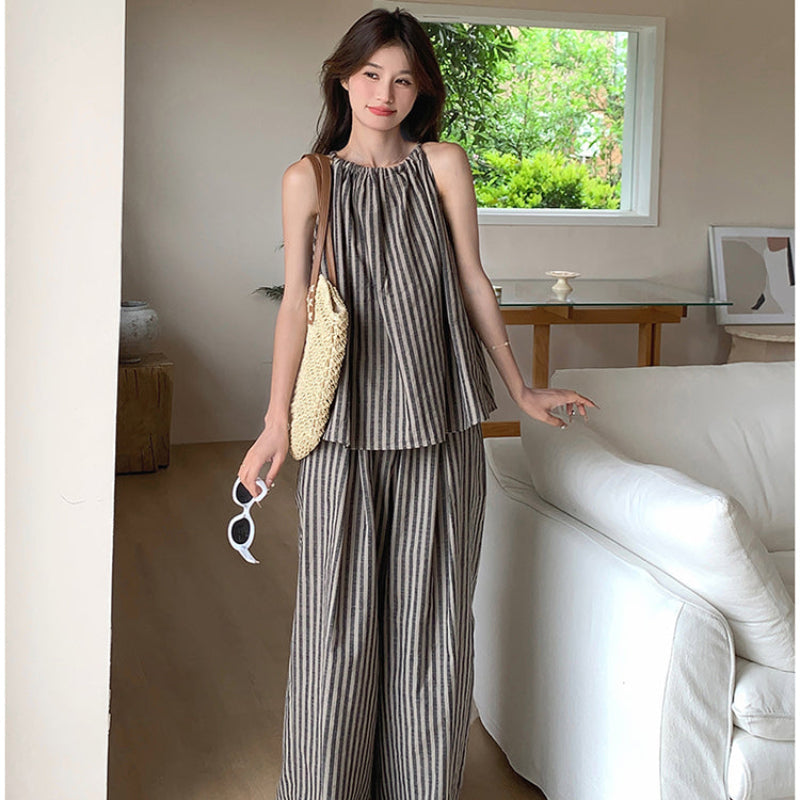 ストライプホルターネックトップス×パンツセット