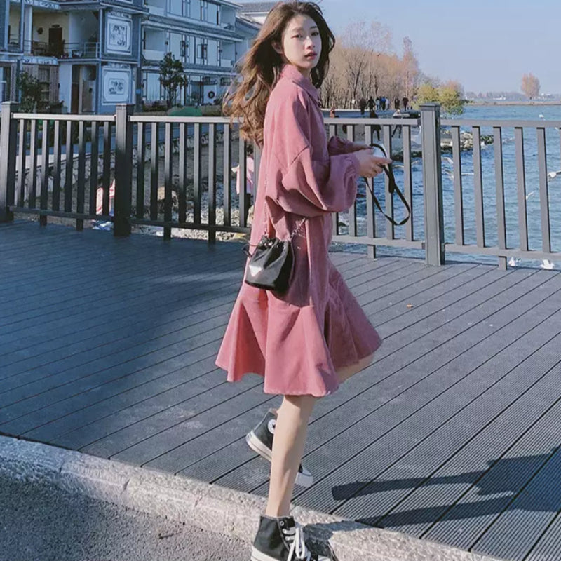 コーデュロイショート丈ワンピース